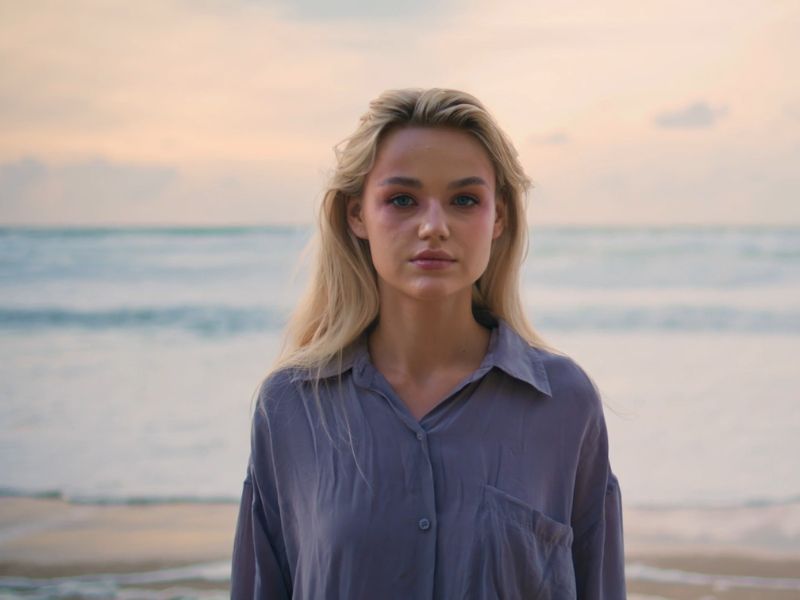  Mlada žena sa plavom kosom u sivoj košulji stoji na plaži sa morem i zalaskom sunca u pozadini.