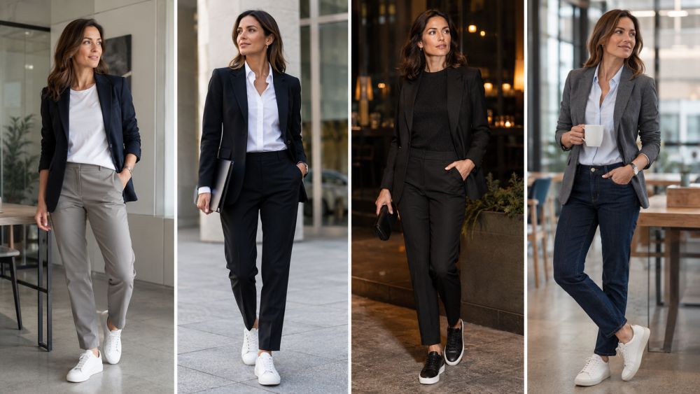 žene u četiri poslovno-ležerne kombinacije sa sakoom, pantalonama ili farmerkama i minimalističkim patikama, prilagođene za kancelariju, sastanak, poslovnu večeru i opušteniji petak na poslu