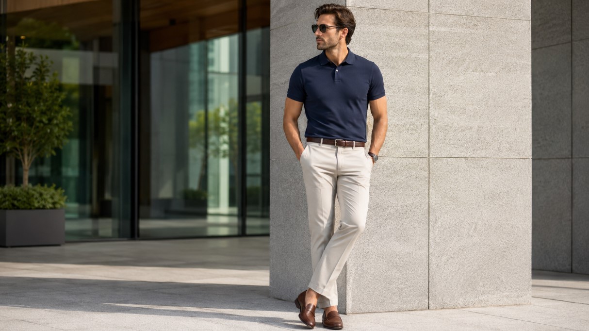 Muškarac u teget polo majici i svetlim pantalonama nosi elegantnu smart casual kombinaciju ispred moderne poslovne zgrade.